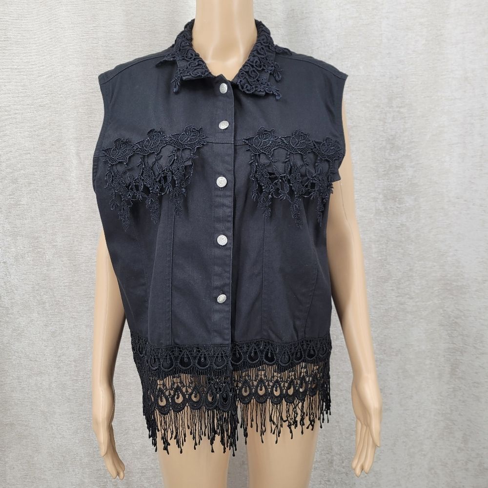 Vintage Cotton Black Lace Trim Vest Fringe